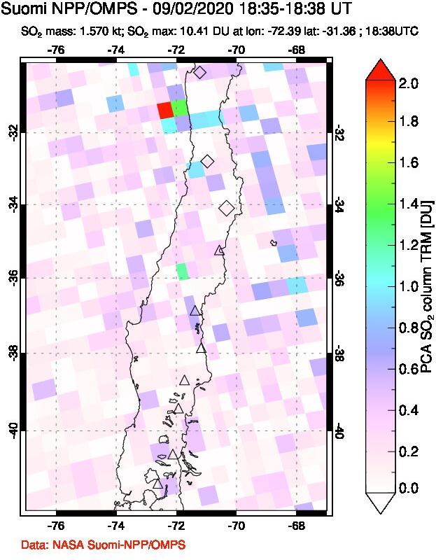 A sulfur dioxide image over Central Chile on Sep 02, 2020.