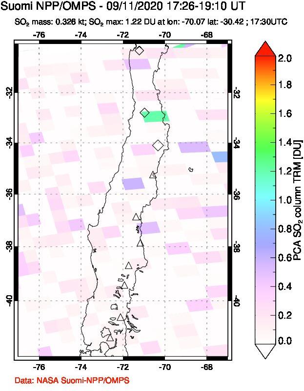 A sulfur dioxide image over Central Chile on Sep 11, 2020.