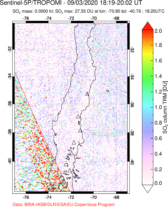 A sulfur dioxide image over Central Chile on Sep 03, 2020.