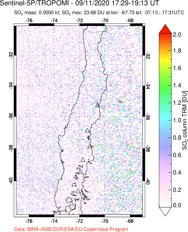 A sulfur dioxide image over Central Chile on Sep 11, 2020.