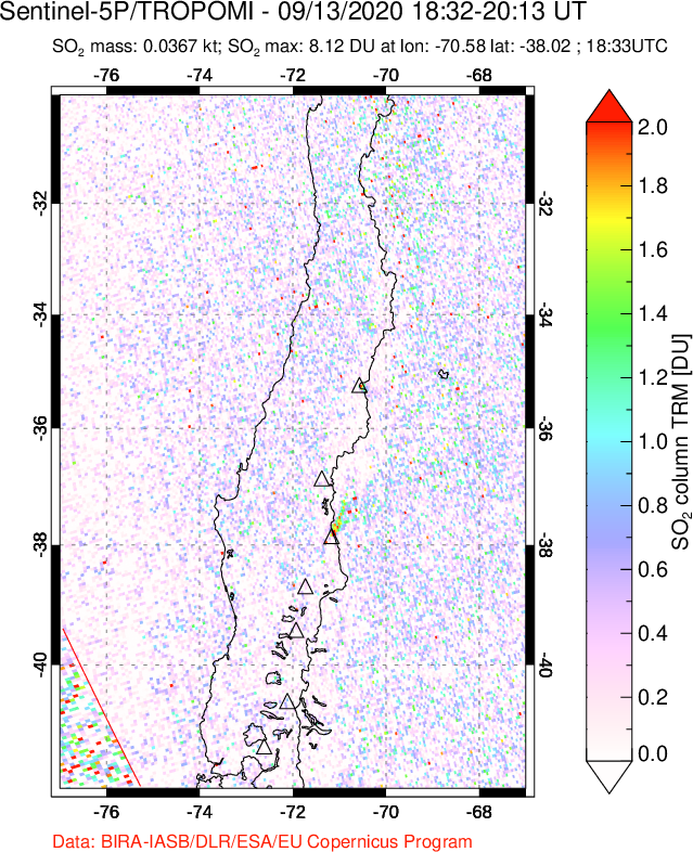 A sulfur dioxide image over Central Chile on Sep 13, 2020.