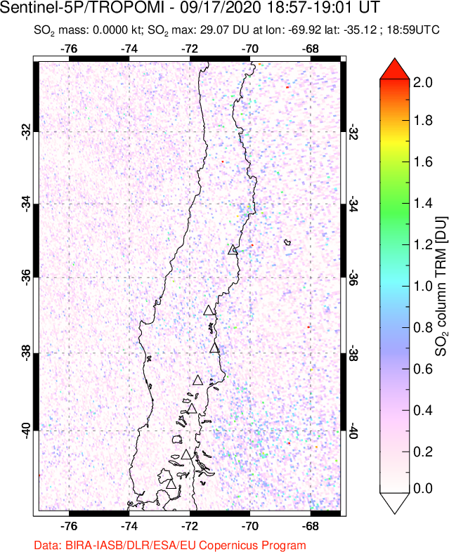A sulfur dioxide image over Central Chile on Sep 17, 2020.