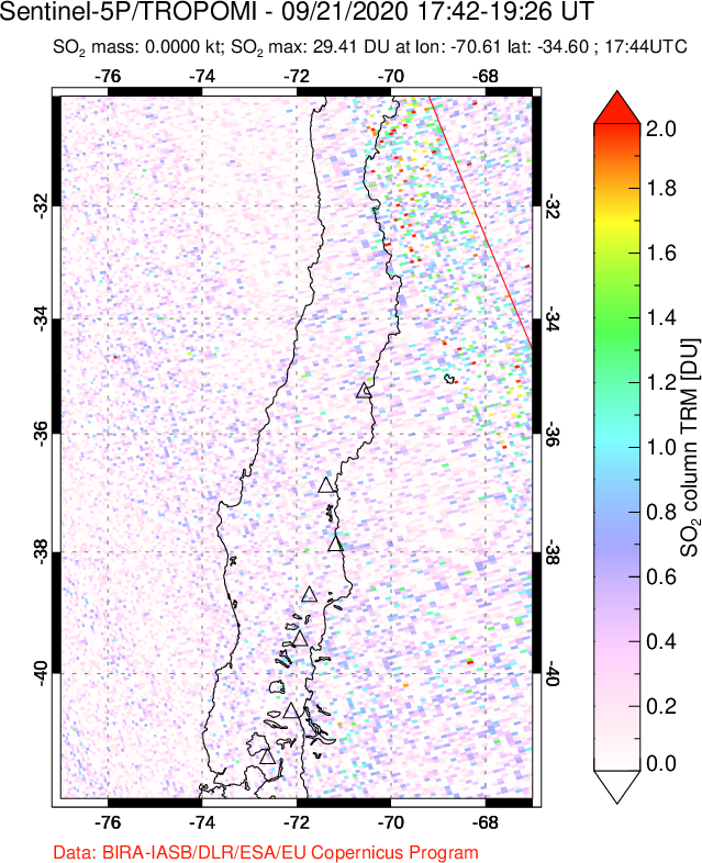A sulfur dioxide image over Central Chile on Sep 21, 2020.