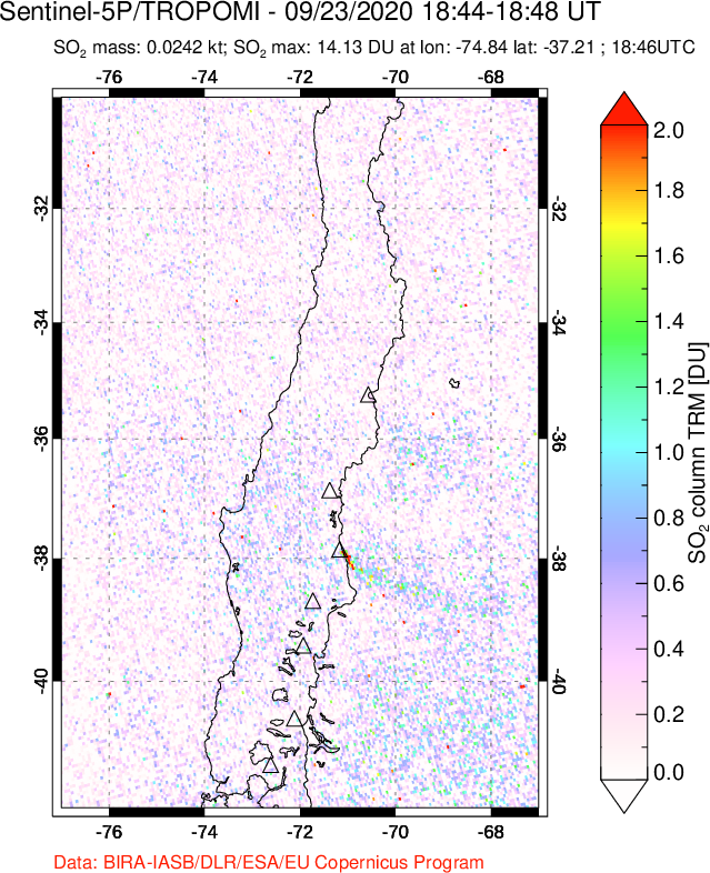 A sulfur dioxide image over Central Chile on Sep 23, 2020.