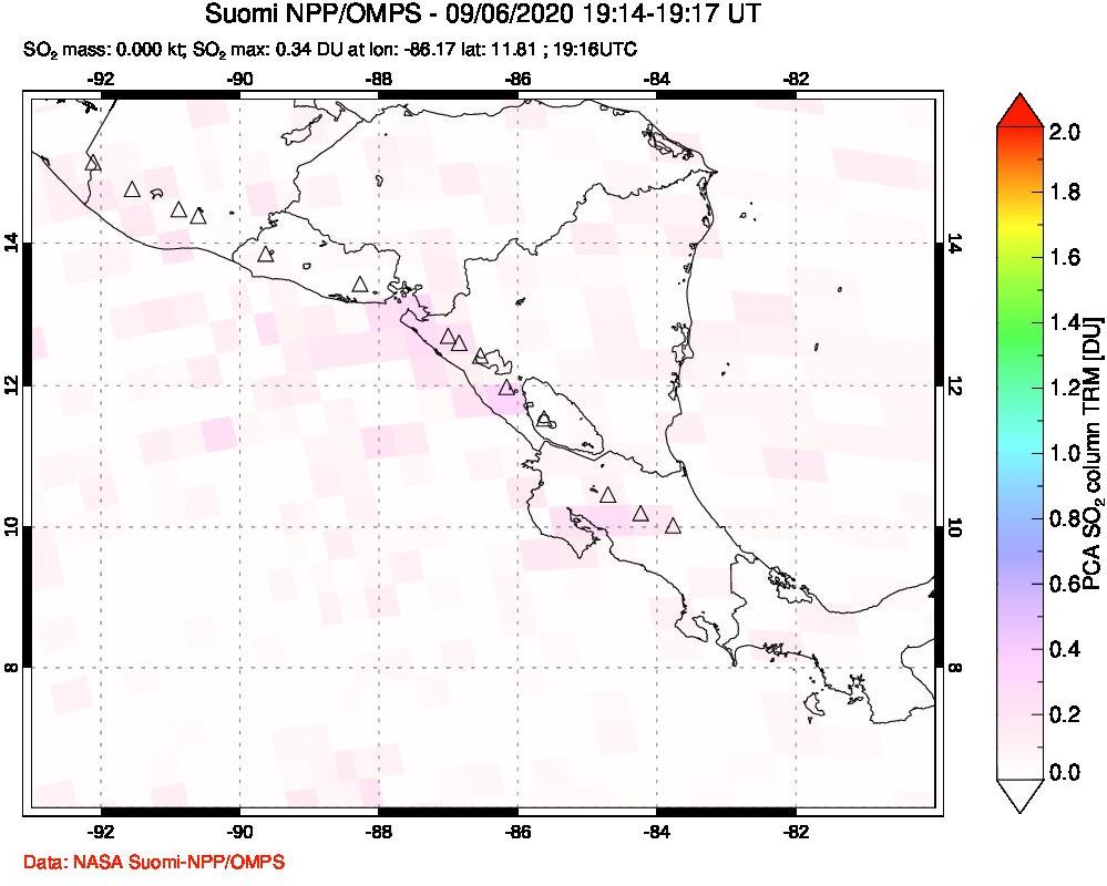 A sulfur dioxide image over Central America on Sep 06, 2020.