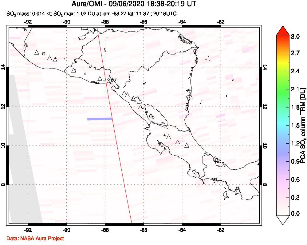 A sulfur dioxide image over Central America on Sep 06, 2020.