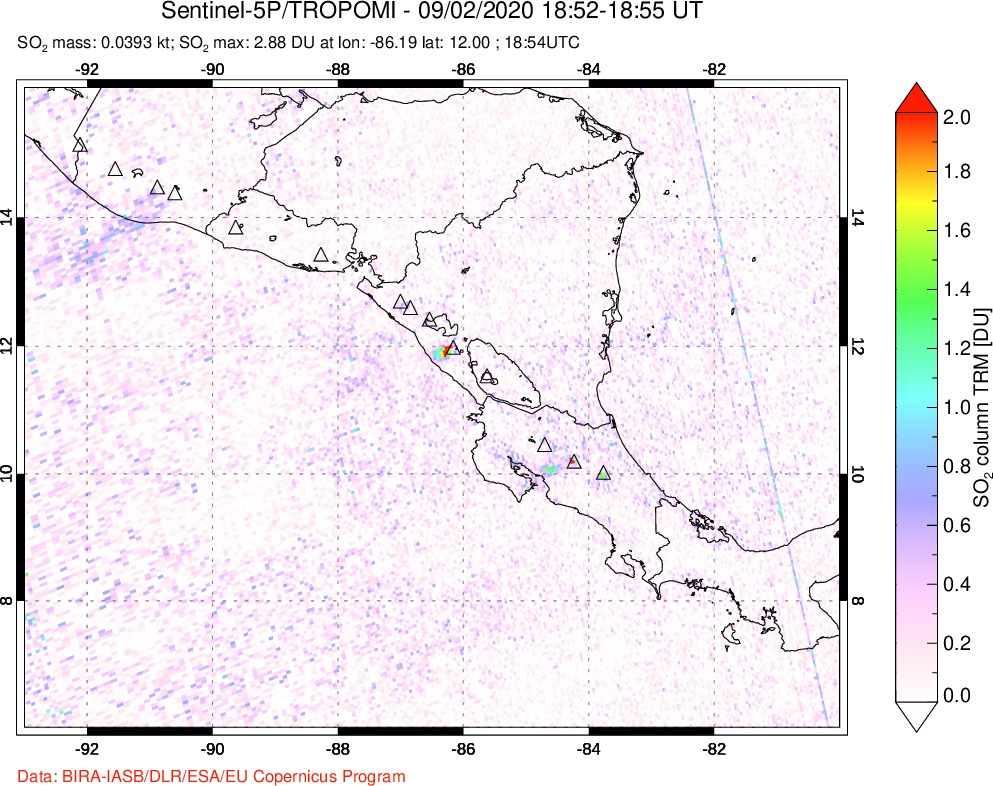 A sulfur dioxide image over Central America on Sep 02, 2020.