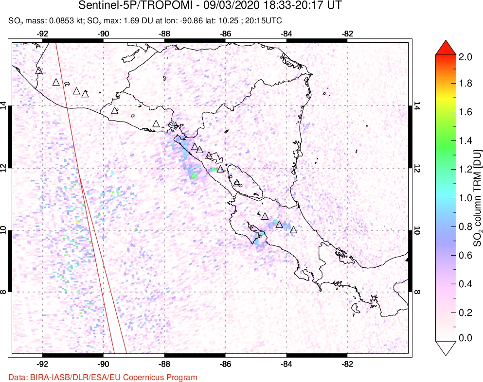 A sulfur dioxide image over Central America on Sep 03, 2020.