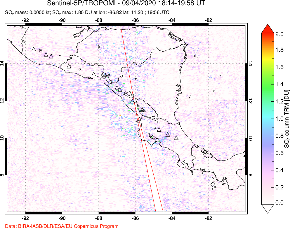 A sulfur dioxide image over Central America on Sep 04, 2020.