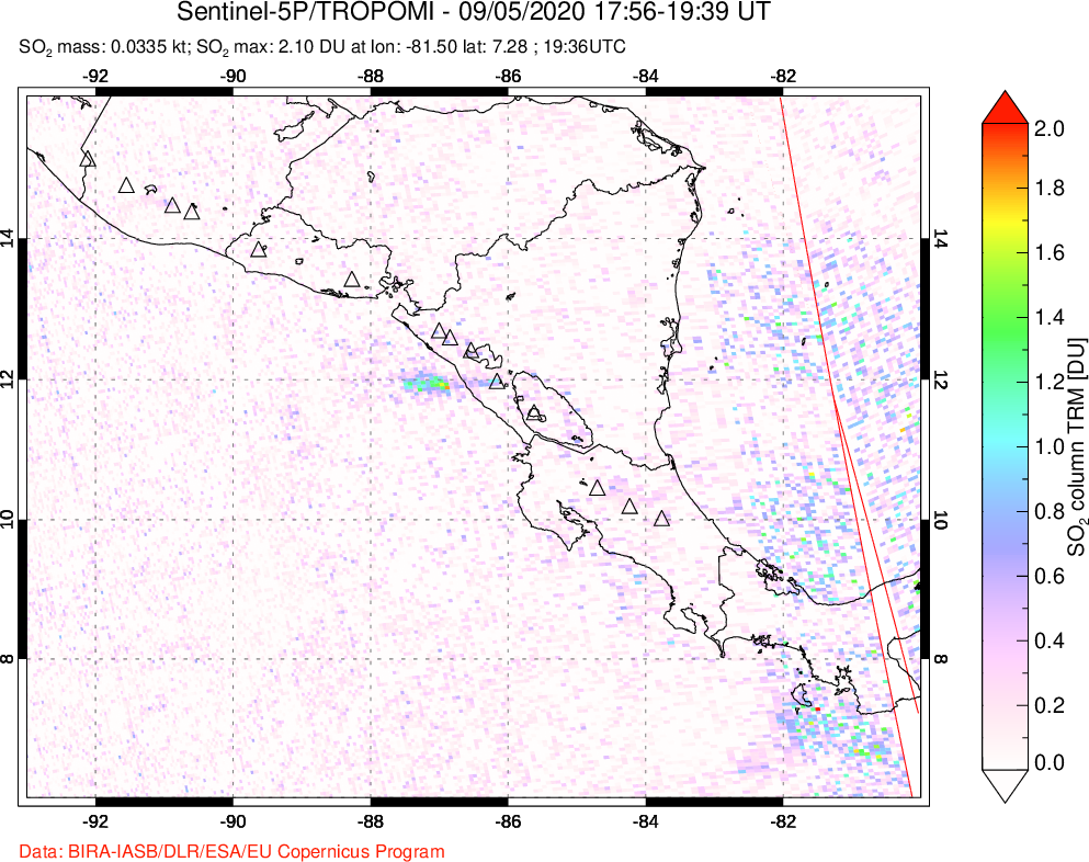 A sulfur dioxide image over Central America on Sep 05, 2020.