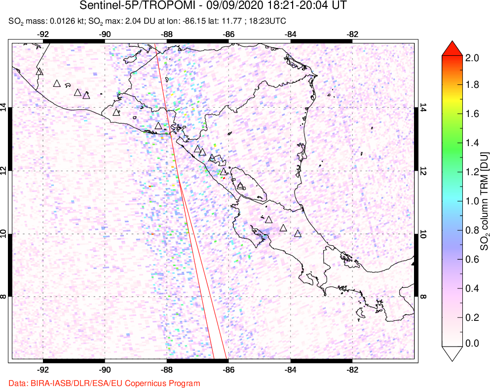 A sulfur dioxide image over Central America on Sep 09, 2020.