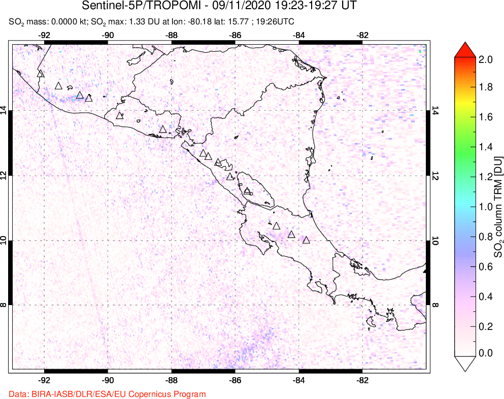 A sulfur dioxide image over Central America on Sep 11, 2020.