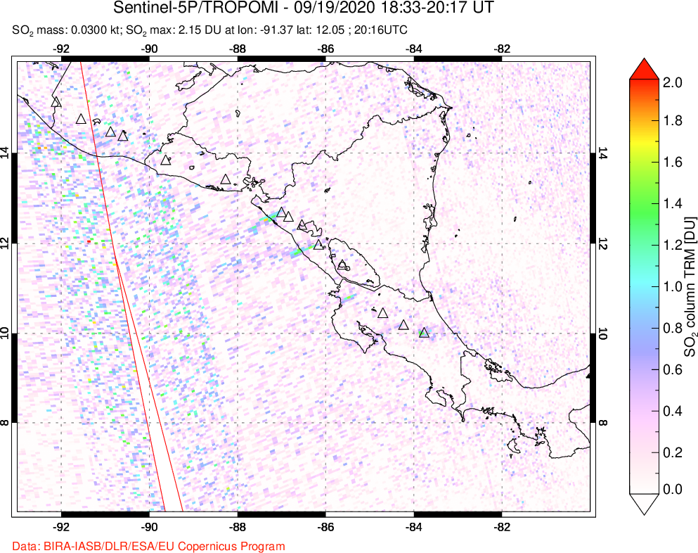 A sulfur dioxide image over Central America on Sep 19, 2020.