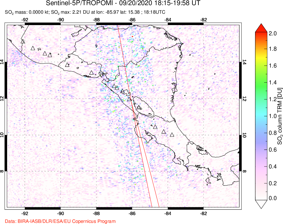 A sulfur dioxide image over Central America on Sep 20, 2020.