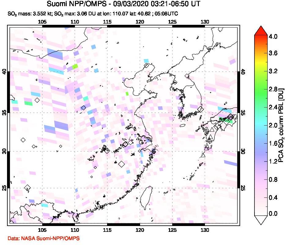 A sulfur dioxide image over Eastern China on Sep 03, 2020.