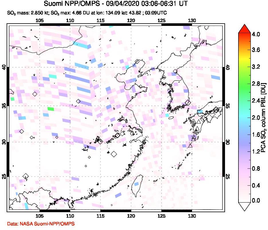 A sulfur dioxide image over Eastern China on Sep 04, 2020.