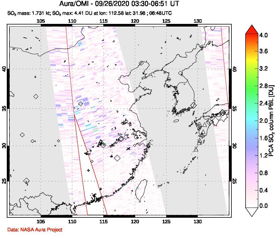 A sulfur dioxide image over Eastern China on Sep 26, 2020.