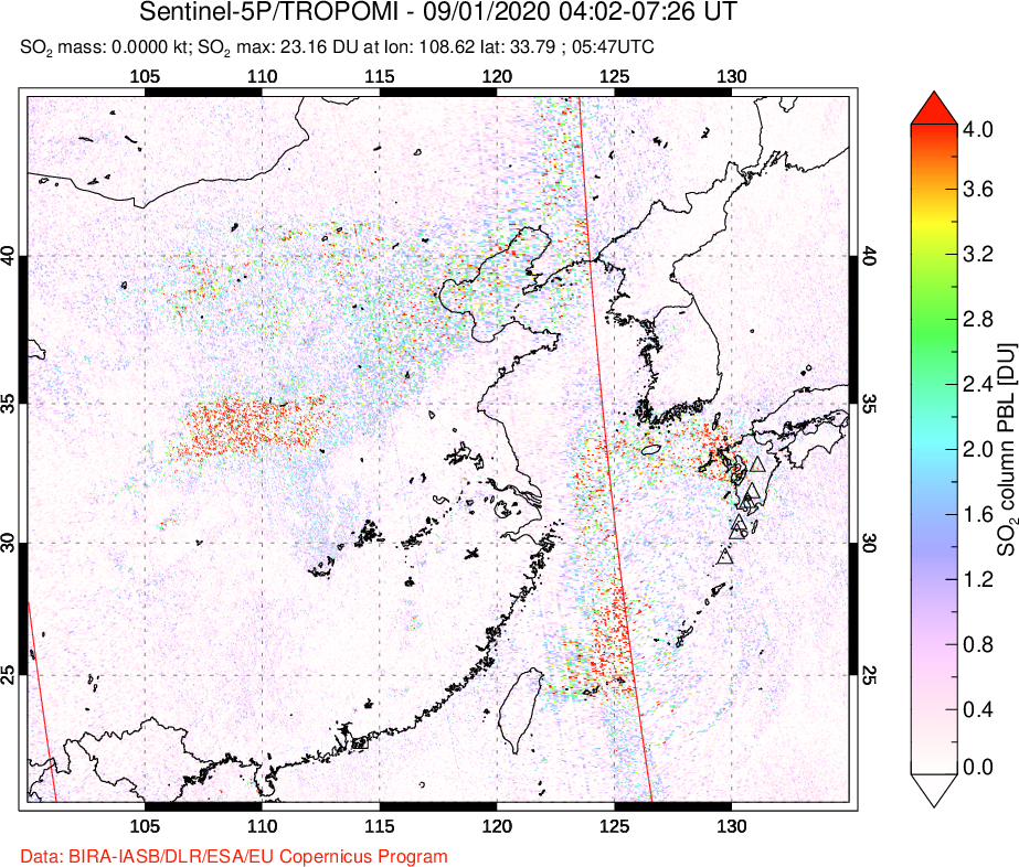 A sulfur dioxide image over Eastern China on Sep 01, 2020.