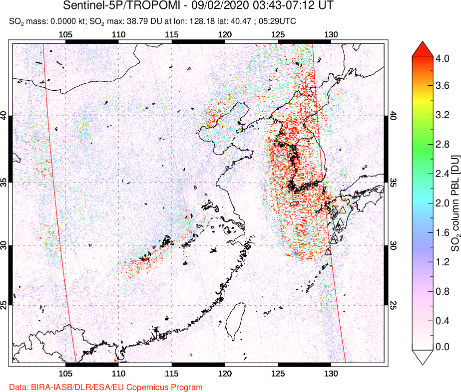 A sulfur dioxide image over Eastern China on Sep 02, 2020.