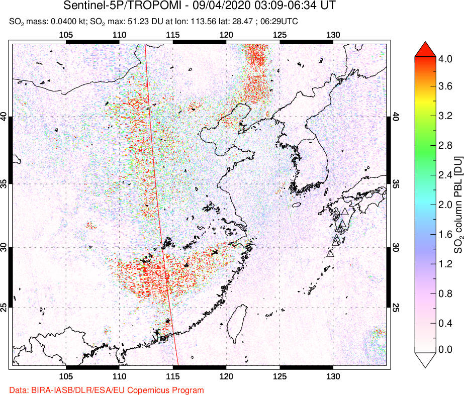 A sulfur dioxide image over Eastern China on Sep 04, 2020.