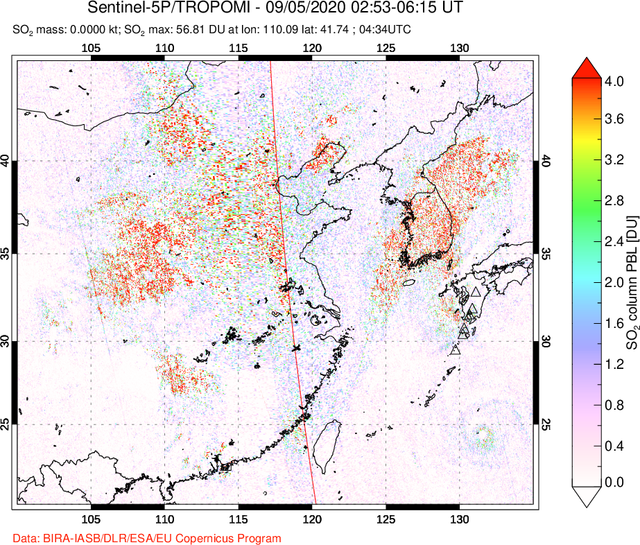 A sulfur dioxide image over Eastern China on Sep 05, 2020.