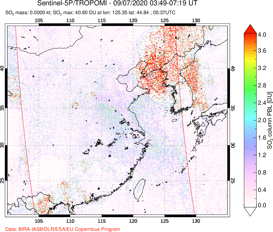 A sulfur dioxide image over Eastern China on Sep 07, 2020.