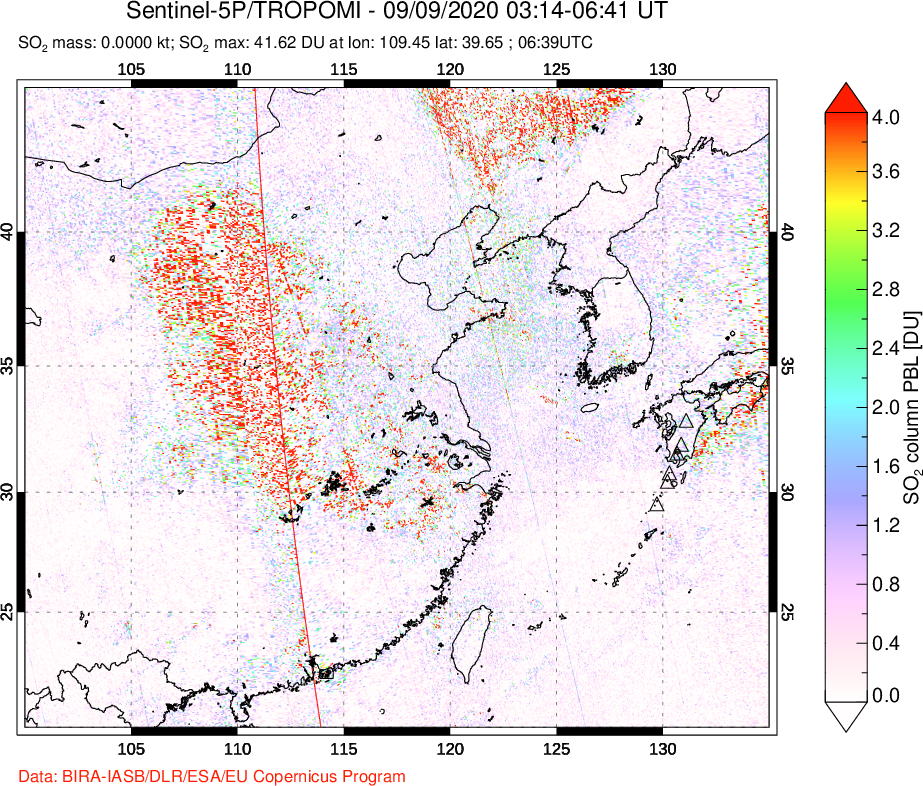 A sulfur dioxide image over Eastern China on Sep 09, 2020.