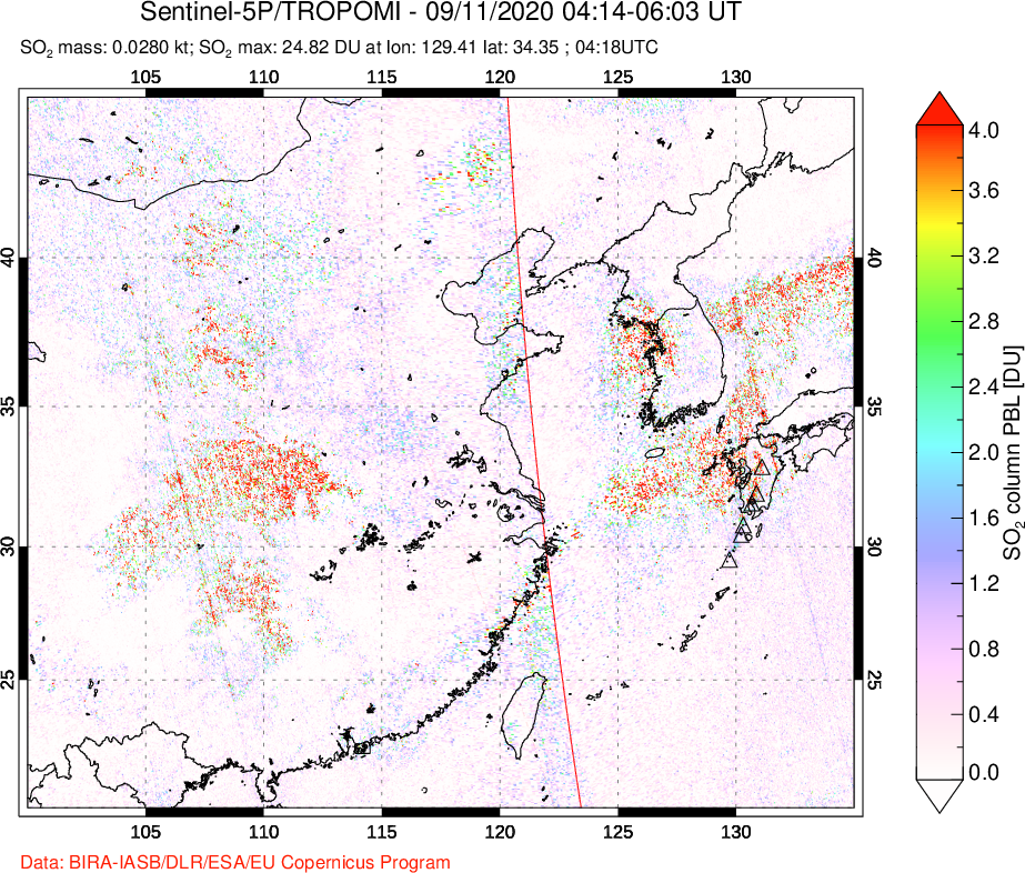 A sulfur dioxide image over Eastern China on Sep 11, 2020.