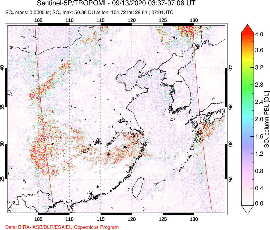A sulfur dioxide image over Eastern China on Sep 13, 2020.