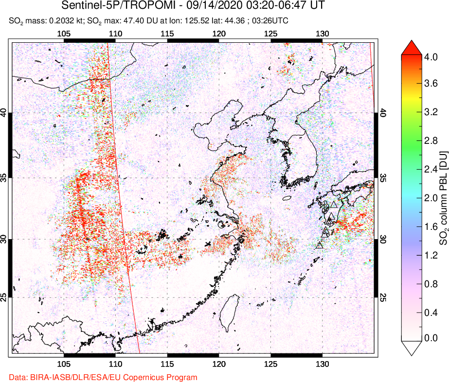 A sulfur dioxide image over Eastern China on Sep 14, 2020.