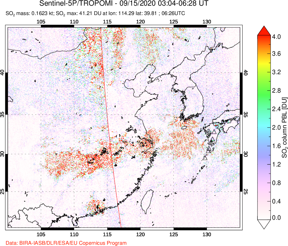 A sulfur dioxide image over Eastern China on Sep 15, 2020.