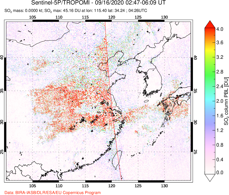A sulfur dioxide image over Eastern China on Sep 16, 2020.