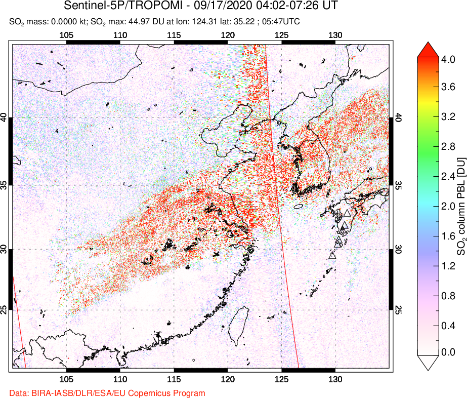 A sulfur dioxide image over Eastern China on Sep 17, 2020.