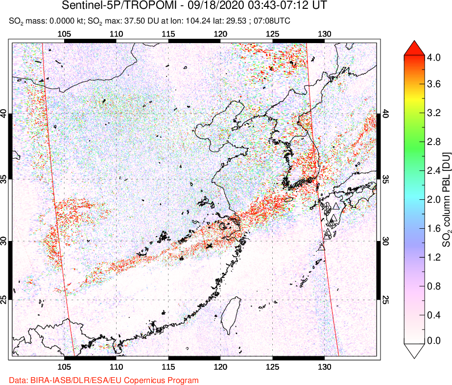 A sulfur dioxide image over Eastern China on Sep 18, 2020.