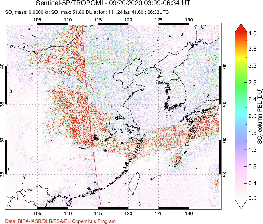 A sulfur dioxide image over Eastern China on Sep 20, 2020.