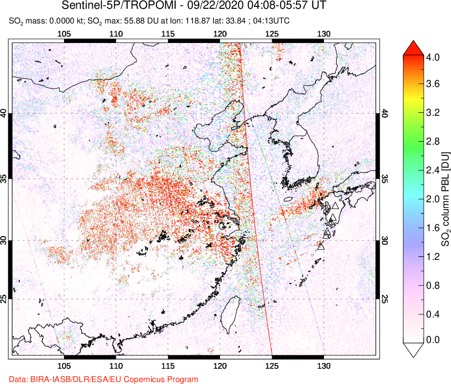A sulfur dioxide image over Eastern China on Sep 22, 2020.