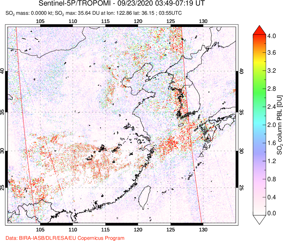 A sulfur dioxide image over Eastern China on Sep 23, 2020.