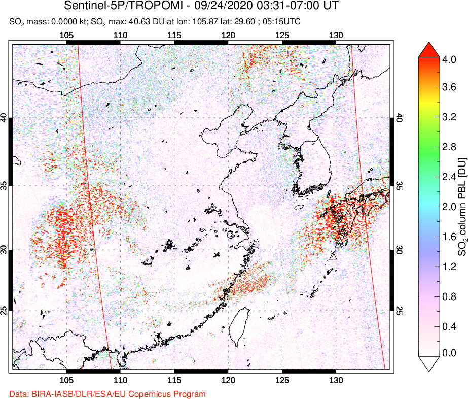 A sulfur dioxide image over Eastern China on Sep 24, 2020.