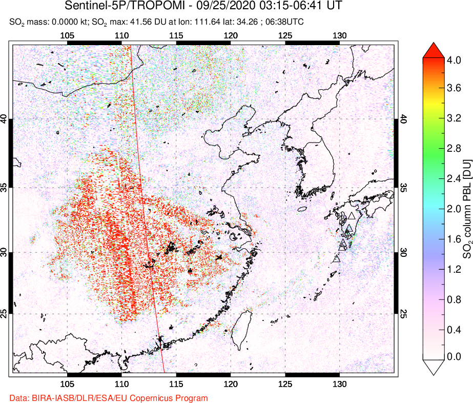 A sulfur dioxide image over Eastern China on Sep 25, 2020.