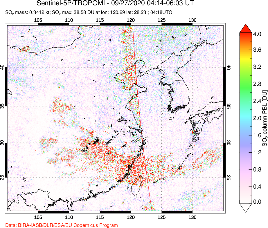 A sulfur dioxide image over Eastern China on Sep 27, 2020.