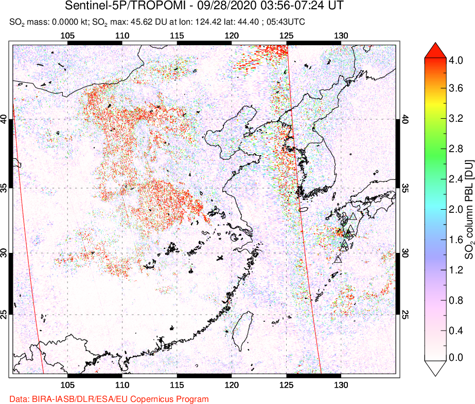 A sulfur dioxide image over Eastern China on Sep 28, 2020.
