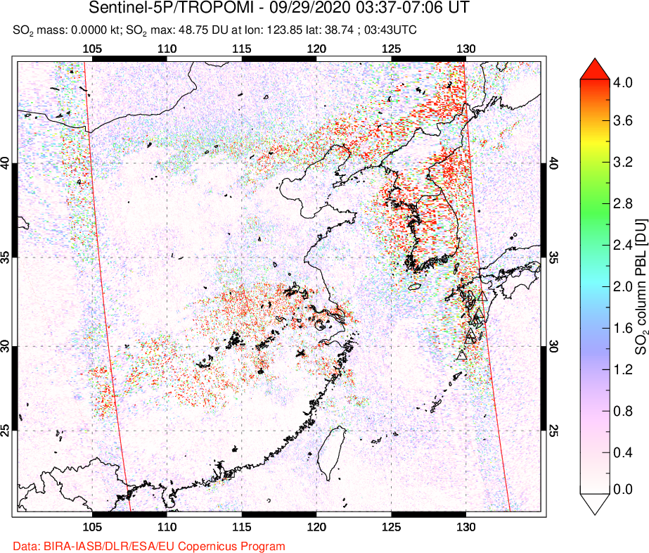 A sulfur dioxide image over Eastern China on Sep 29, 2020.