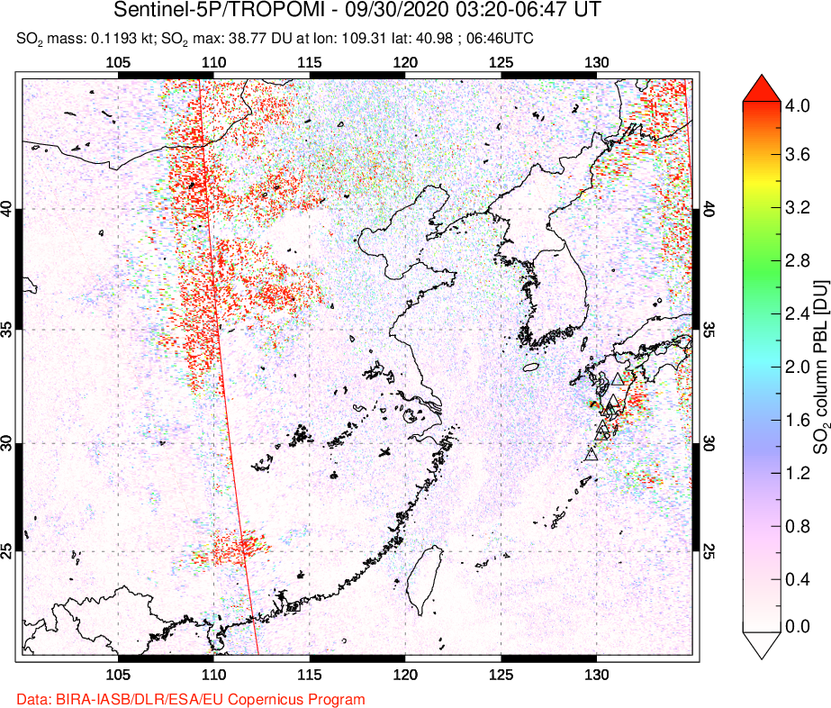 A sulfur dioxide image over Eastern China on Sep 30, 2020.