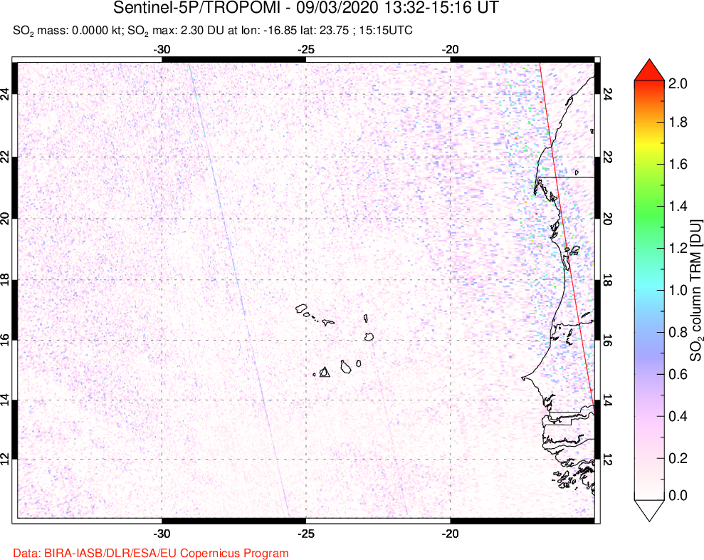 A sulfur dioxide image over Cape Verde Islands on Sep 03, 2020.