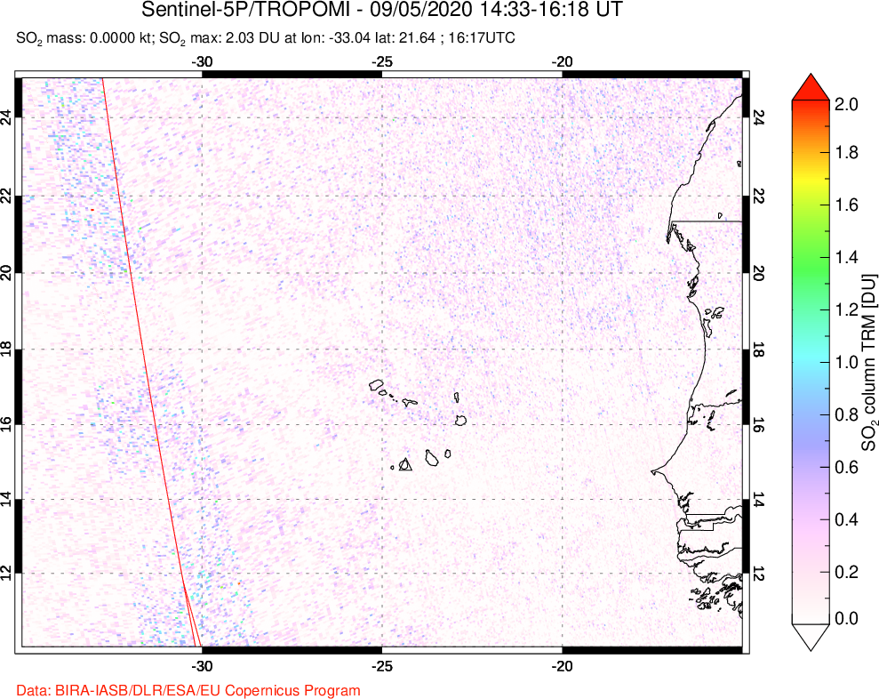 A sulfur dioxide image over Cape Verde Islands on Sep 05, 2020.