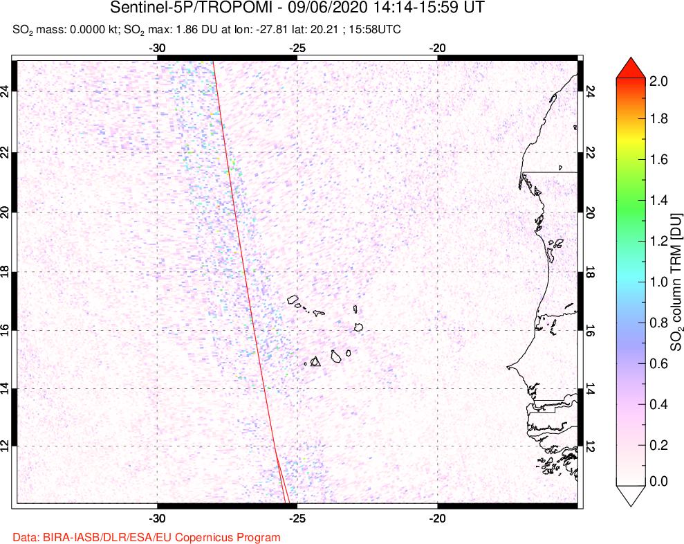 A sulfur dioxide image over Cape Verde Islands on Sep 06, 2020.