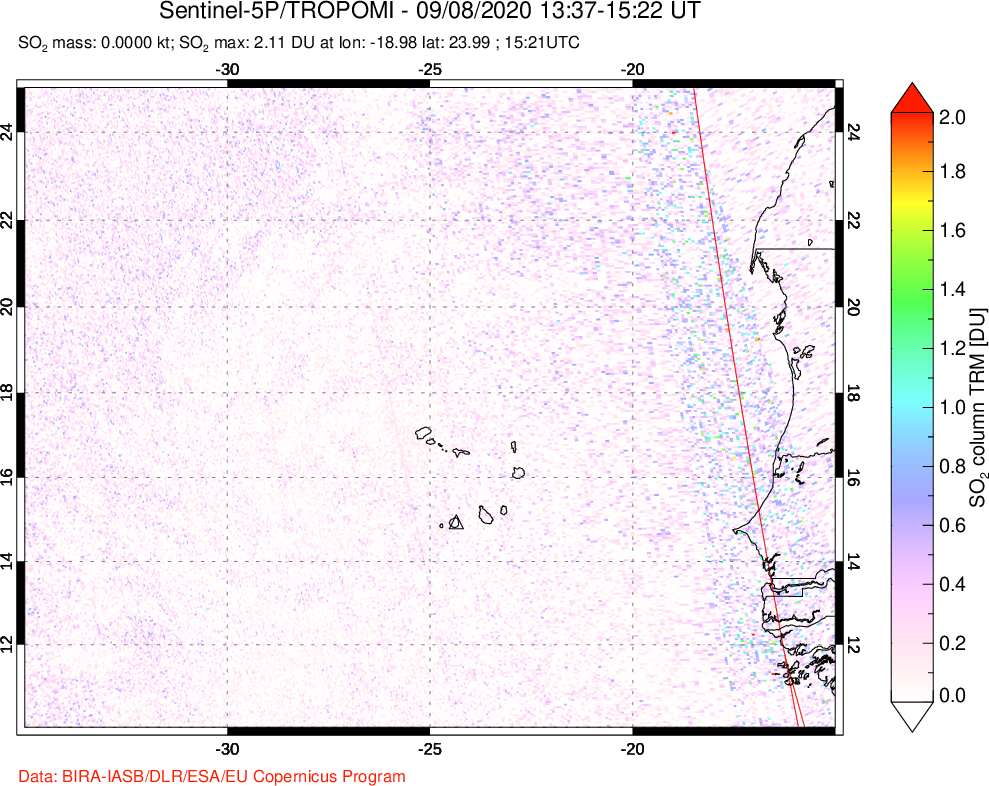 A sulfur dioxide image over Cape Verde Islands on Sep 08, 2020.
