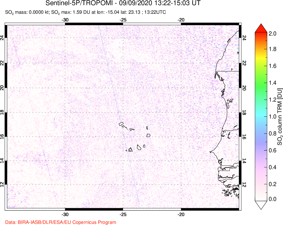 A sulfur dioxide image over Cape Verde Islands on Sep 09, 2020.