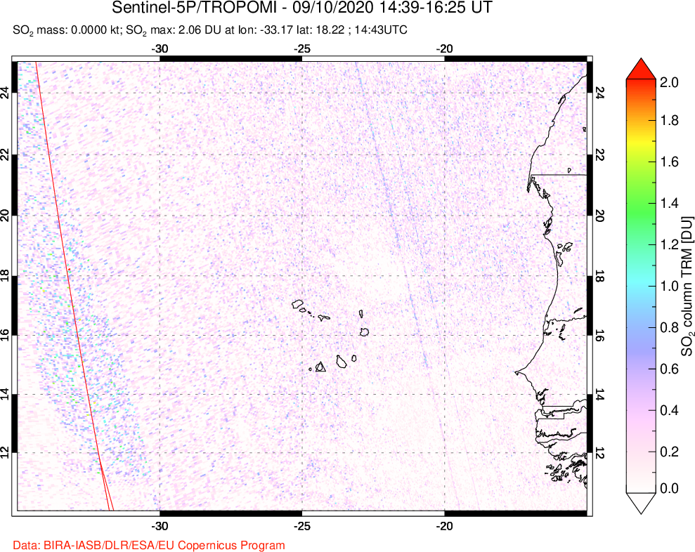 A sulfur dioxide image over Cape Verde Islands on Sep 10, 2020.
