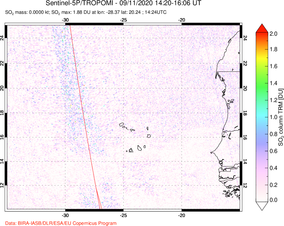 A sulfur dioxide image over Cape Verde Islands on Sep 11, 2020.